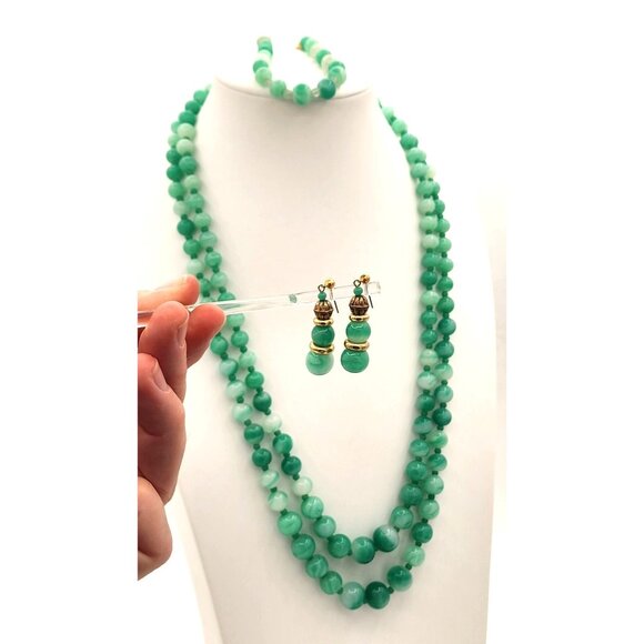 Vintage Green Peking Glass Beaded Necklace Bracelet & Earrings Set Holiday Style - Picture 1 of 15